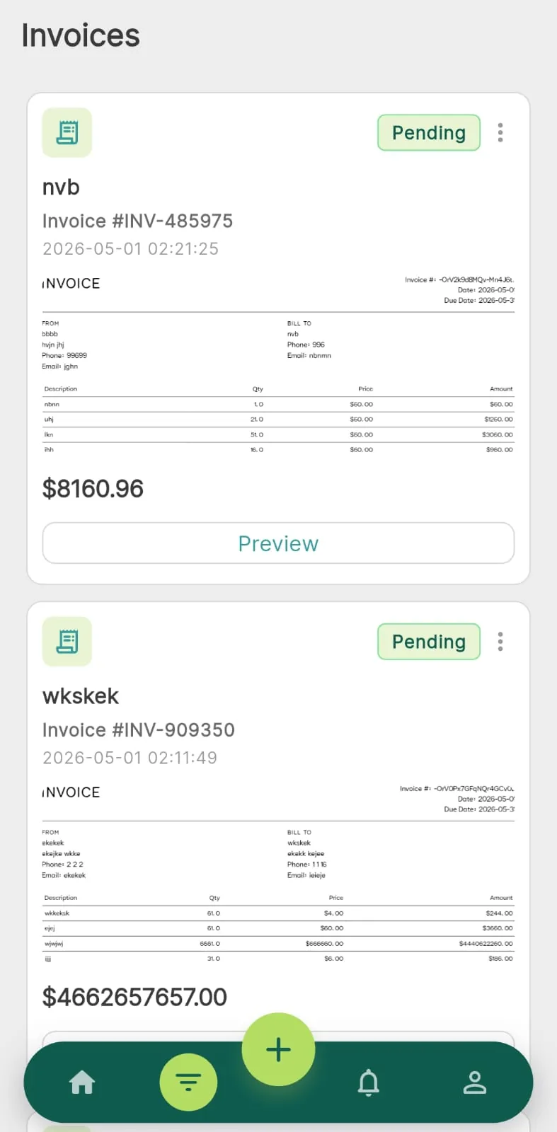 Easy Invoice list of created invoices with statuses